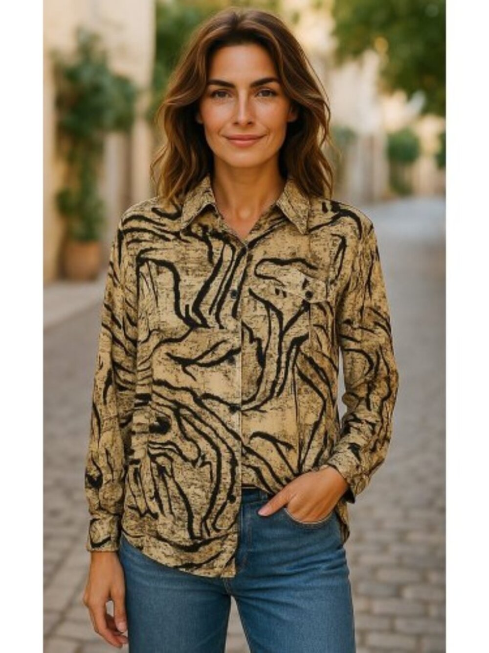 NEWPORT NEWS Brown and Black Print Silk Button Front Blouse Ladies Size 14